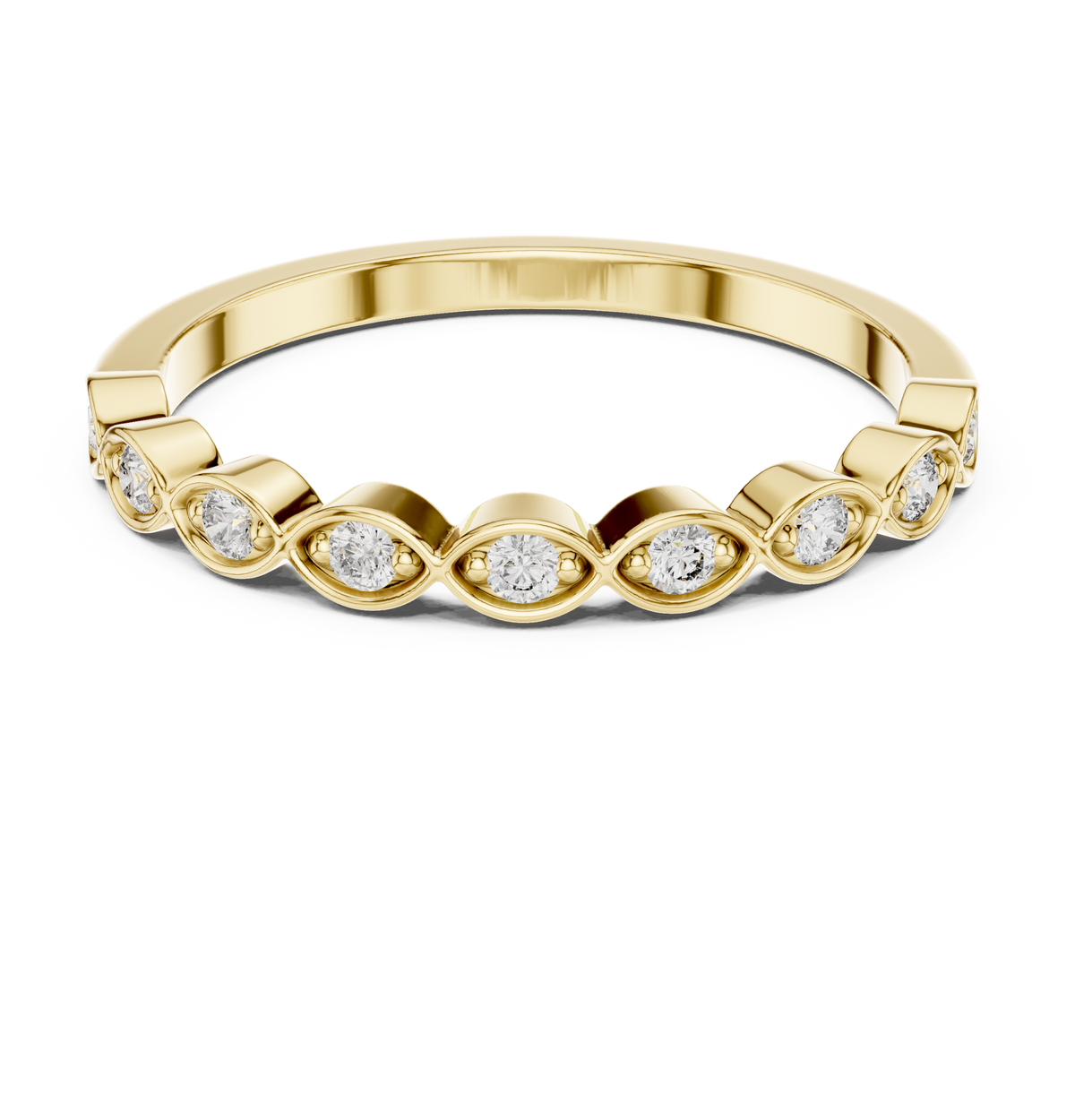 Front direct view of 9 round brilliant lab diamonds in alternating marquise and round stations on a 14k gold dainty 1.5mm band. Ideal vintage wedding band and personalized gift. Made to order in 925 silver, 10k or 14k solid gold, platinum, with custom round lab diamond or moissanite accent stones.
