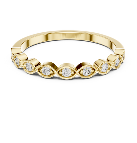 Front direct view of 9 round brilliant lab diamonds in alternating marquise and round stations on a 14k gold dainty 1.5mm band. Ideal vintage wedding band and personalized gift. Made to order in 925 silver, 10k or 14k solid gold, platinum, with custom round lab diamond or moissanite accent stones.