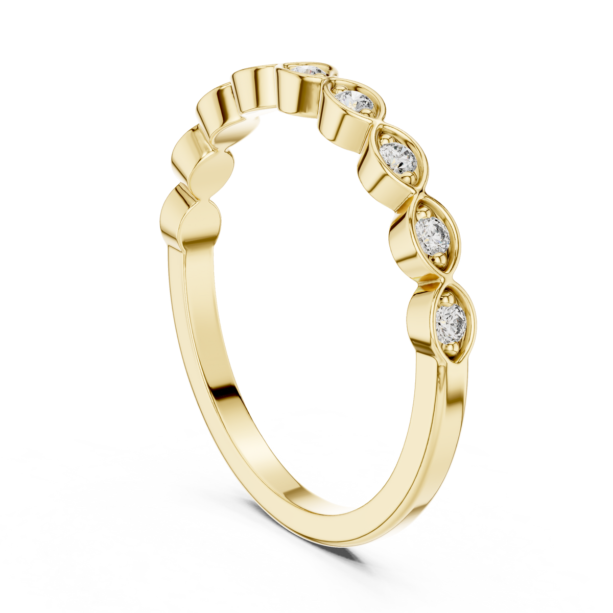 Side elevation displays 1.50mm band width, 1.38mm thickness, and ultra-low 1.95mm setting height with scalloped gallery cups in 10k solid gold. Perfect custom bridal band and promise ring. Available in 10k/14k gold, silver, and platinum with round moissanite or lab grown diamond options.