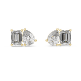 Direct front view displaying pear and emerald cut stones paired in a modern toi et moi layout. Ideal statement studs or anniversary gifts in 14k gold, 10k gold, 925 silver, or platinum. Customizable stone options with moissanite or lab grown diamond.