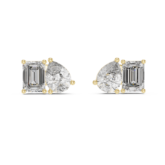 Direct front view displaying pear and emerald cut stones paired in a modern toi et moi layout. Ideal statement studs or anniversary gifts in 14k gold, 10k gold, 925 silver, or platinum. Customizable stone options with moissanite or lab grown diamond.
