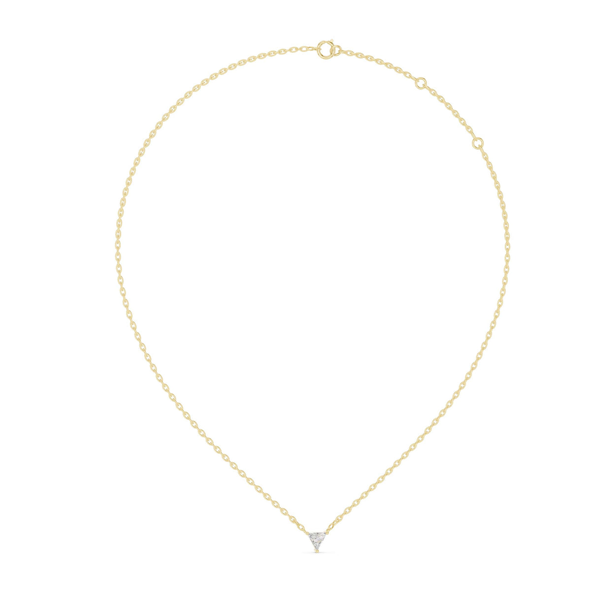 Front CAD schematic view of a sleek triangular gemstone pendant featuring a central 5.70x6.30mm triangle cut diamond or moissanite in a secure three-prong setting with variations in 925 sterling silver, 10k/14k solid gold, or platinum.