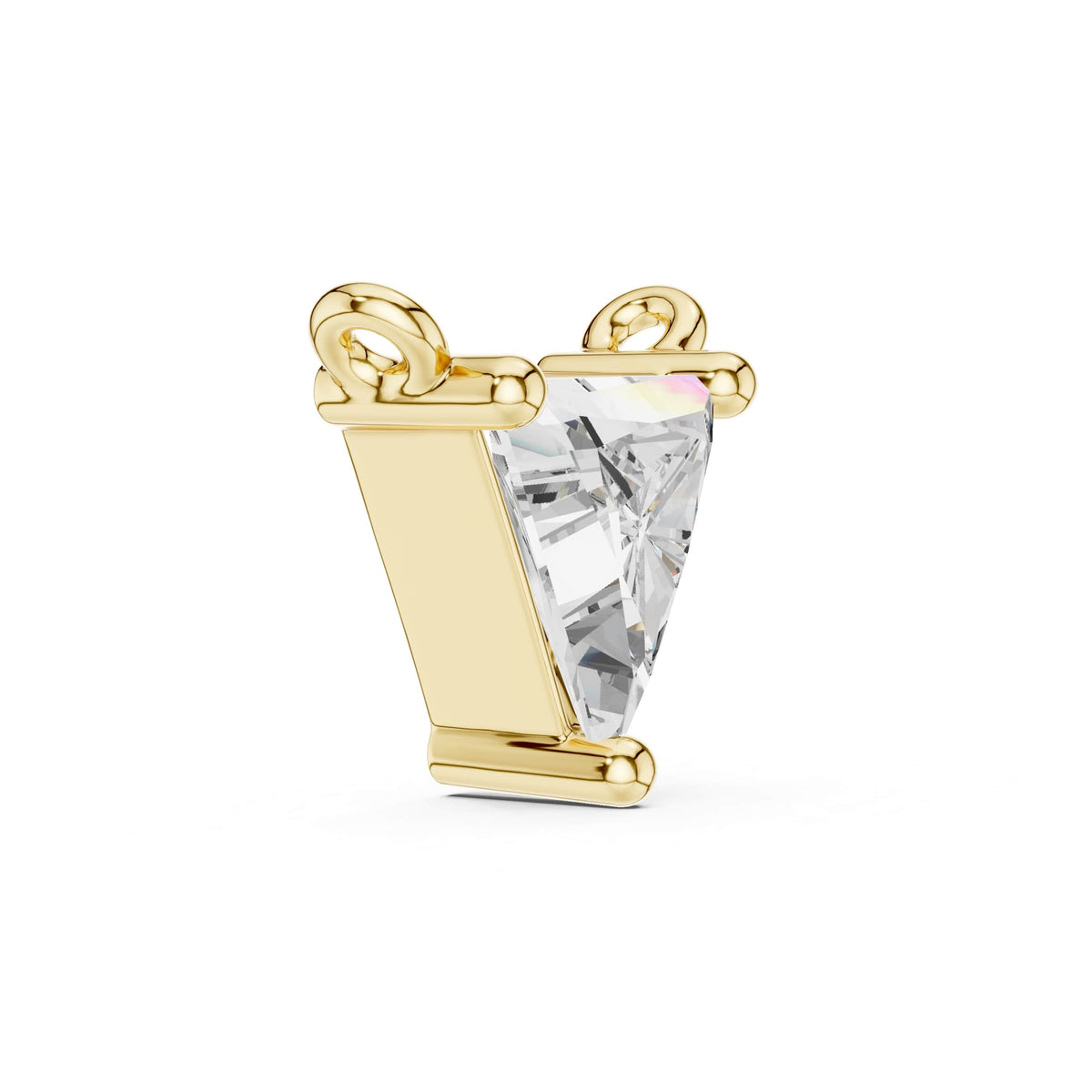 Angled CAD view of the triangle diamond necklace highlighting exceptional D color, VVS1 clarity, brilliant sparkle, moissanite or lab grown diamond options, and 925 sterling silver or solid gold metal variations.