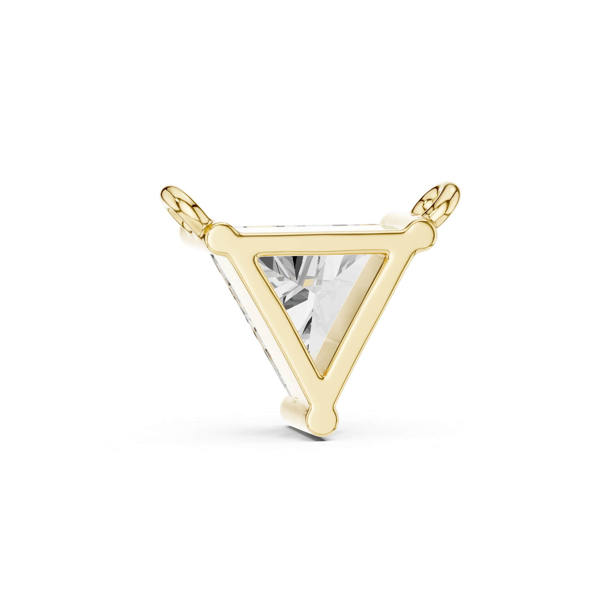 Top close-up CAD view displaying D color, VS clarity, stone symmetry, precision facets, and prong setting details for a custom triangle necklace available in platinum, 14k gold, 10k gold, or 925 silver.