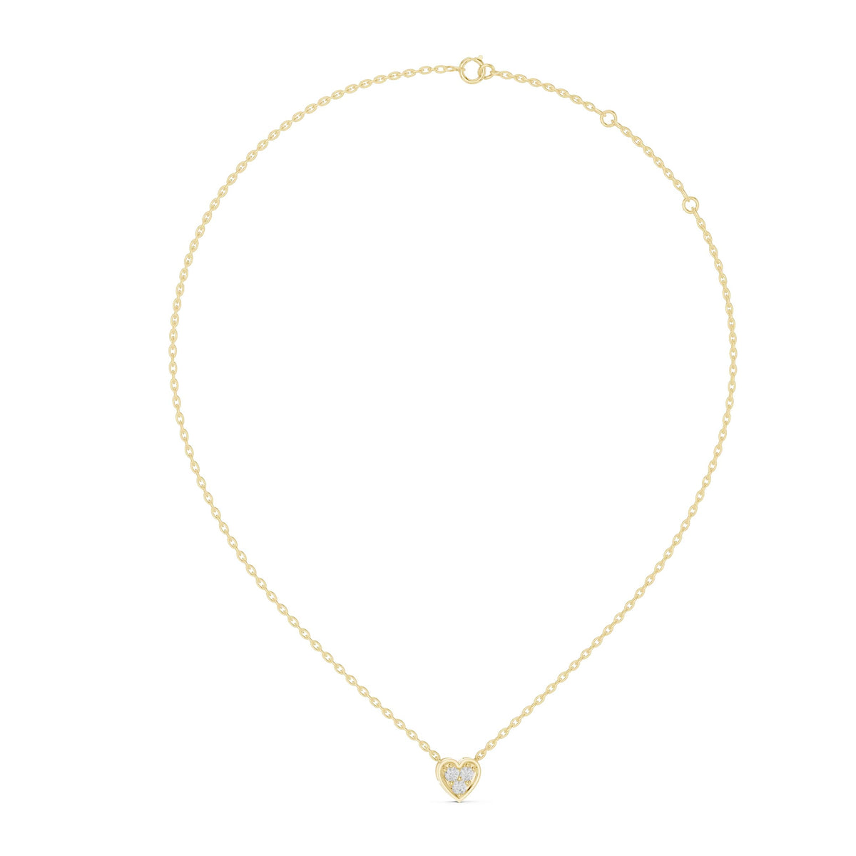 Front view of a stunning 0.36Ct heart-shaped cluster lab grown diamond necklace set in 14k gold, showcasing three 3.10mm stones along a 9.99mm heart outline. Custom options available in 10k/14k gold, 925 silver, or platinum with moissanite or lab grown diamond variations.