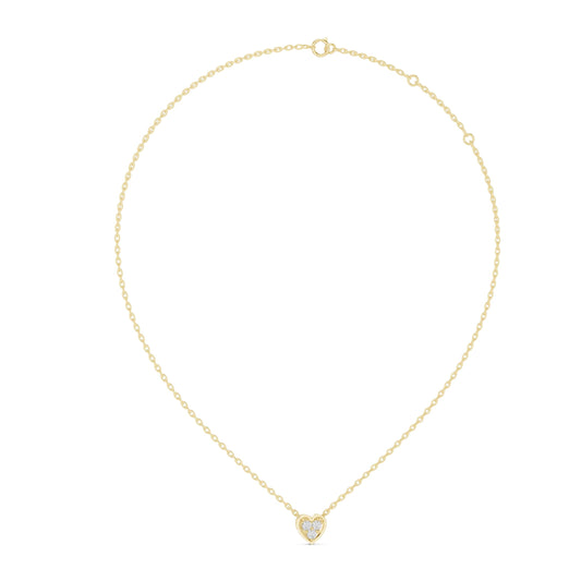 Front view of a stunning 0.36Ct heart-shaped cluster lab grown diamond necklace set in 14k gold, showcasing three 3.10mm stones along a 9.99mm heart outline. Custom options available in 10k/14k gold, 925 silver, or platinum with moissanite or lab grown diamond variations.
