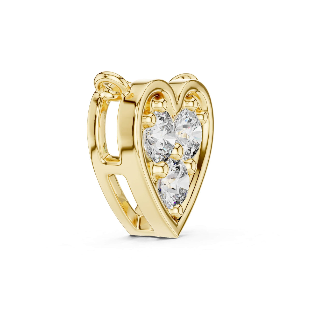 Angled shot displaying exceptional D color and VVS clarity sparkle with brilliant moissanite stones set in 925 sterling silver. Fully customizable in 10k/14k gold, 925 silver, or platinum with 1ct to 2ct lab grown diamond or moissanite center options.   