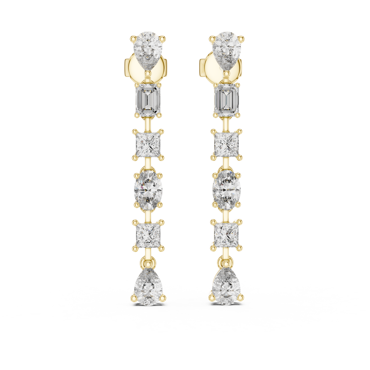 Direct front view displaying cascading princess, pear, oval, and emerald cut stones in a linear drop design. Ideal statement earrings or anniversary gifts in 14k gold, 10k gold, 925 silver, or platinum. Customizable stone options with moissanite or lab grown diamond.