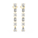Direct front view displaying cascading princess, pear, oval, and emerald cut stones in a linear drop design. Ideal statement earrings or anniversary gifts in 14k gold, 10k gold, 925 silver, or platinum. Customizable stone options with moissanite or lab grown diamond.