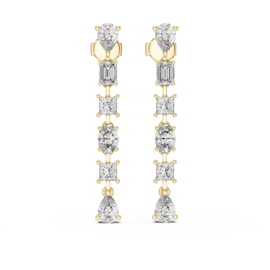Direct front view displaying cascading princess, pear, oval, and emerald cut stones in a linear drop design. Ideal statement earrings or anniversary gifts in 14k gold, 10k gold, 925 silver, or platinum. Customizable stone options with moissanite or lab grown diamond.