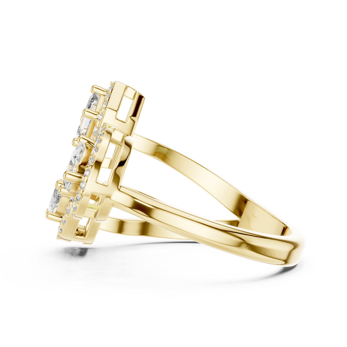 Side elevation shows 2.42mm band width, 1.60mm base thickness, and 5.52mm setting height with open gallery bypass baskets in 10k solid gold. Perfect custom bridal ring and promise band. Available in 10k/14k gold, silver, and platinum with 1ct to 2ct tw multi cut moissanite or lab grown diamond options.