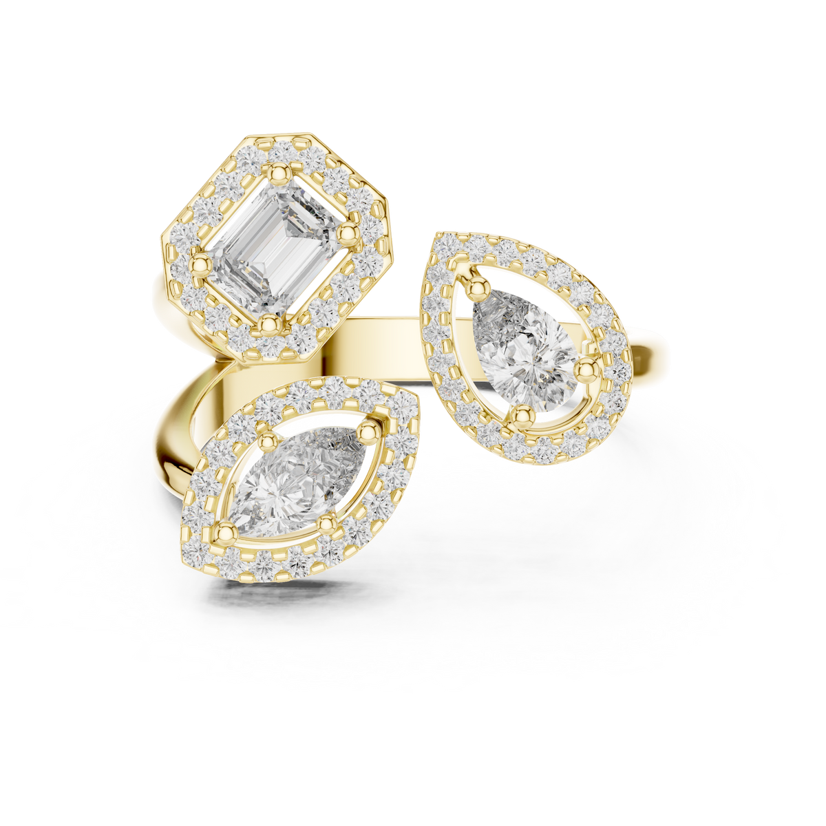 Front direct view of pear, marquise, and emerald cut lab grown diamond bypass ring with triple micropave halos on a 14k gold split band. Ideal modern engagement ring and personalized gift. Made to order in 925 silver, 10k or 14k solid gold, platinum, with custom 1ct to 2ct tw lab diamond or moissanite center stones