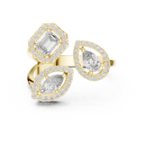 Front direct view of pear, marquise, and emerald cut lab grown diamond bypass ring with triple micropave halos on a 14k gold split band. Ideal modern engagement ring and personalized gift. Made to order in 925 silver, 10k or 14k solid gold, platinum, with custom 1ct to 2ct tw lab diamond or moissanite center stones