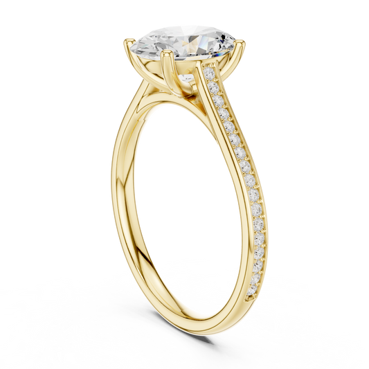 Side profile view showing a 2.00mm wide band and 6.17mm four-prong peg head setting height in 10k solid yellow gold. Designed as a comfortable wedding band or promise ring, this custom design is available in 10k/14k gold, 925 sterling silver, or platinum with 1ct, 1.5ct, or 2ct moissanite or lab diamond options.