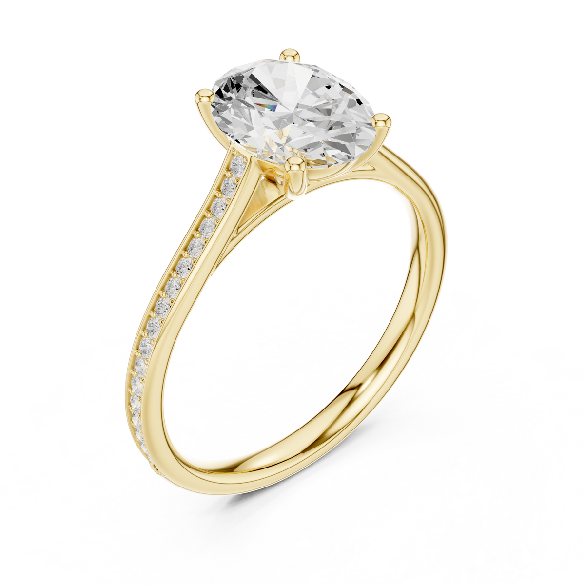 Angled studio render showcasing intense brilliance and D color VVS1 clarity of an oval cut moissanite half pave ring in 925 sterling silver. An affordable engagement ring or travel safe ring, customizable in 925 silver, 10k/14k gold, or platinum with 1.00ct to 2.00ct moissanite or lab diamond.