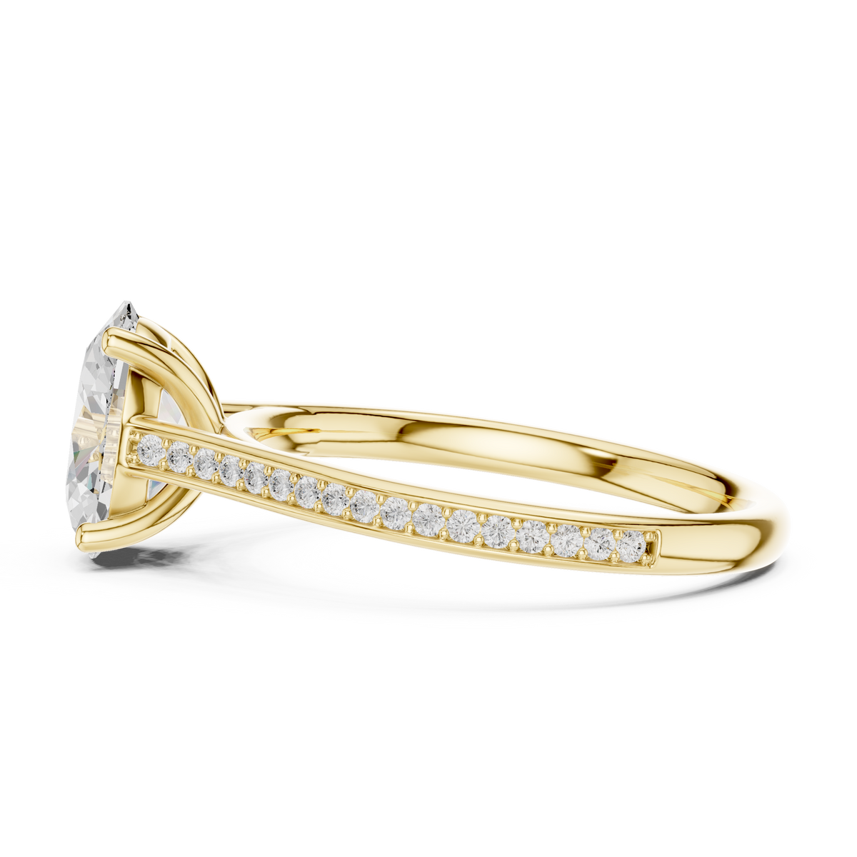 Macro close up view showing facet symmetry and F color VS clarity oval cut lab grown diamond in platinum. Ideal for a luxury bridal ring or statement piece, available with customization in platinum, 10k/14k gold, or silver with 1ct to 2ct lab diamond or moissanite.