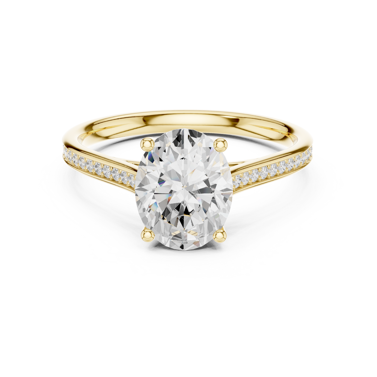 Front view of an oval cut lab grown diamond engagement ring with a half pave band in 14k yellow gold. This classic solitaire ring is customizable in 10k/14k gold, 925 silver, or platinum with lab grown diamond or moissanite center stones from 1ct to 2ct equivalent.   