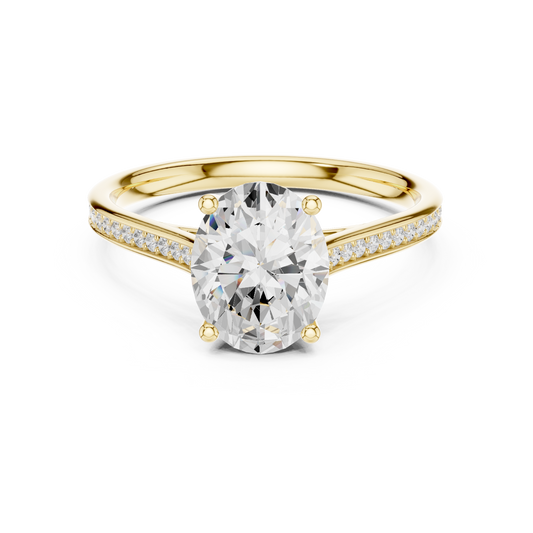 Front view of an oval cut lab grown diamond engagement ring with a half pave band in 14k yellow gold. This classic solitaire ring is customizable in 10k/14k gold, 925 silver, or platinum with lab grown diamond or moissanite center stones from 1ct to 2ct equivalent.   