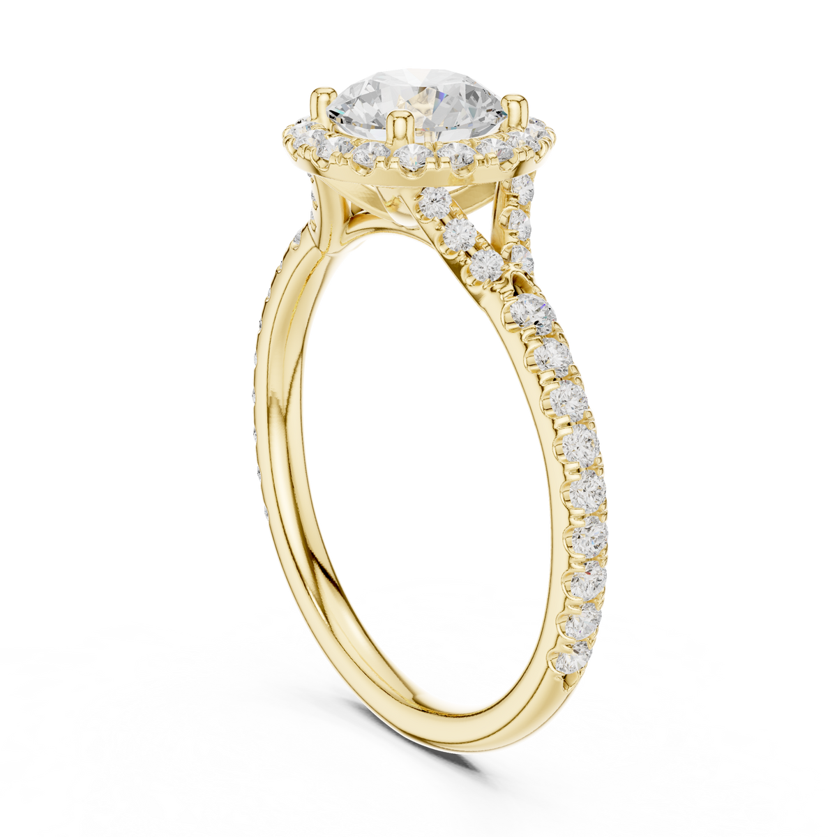 Side profile showing 5.80mm setting height, hidden halo bridge detailing, and ~1.80mm pavé shank in solid 10k solid gold. Ideal engagement ring, promise ring, gold band. Custom choices in 10k/14k gold, 925 silver, platinum with 1ct to 2ct moissanite or lab grown diamond.