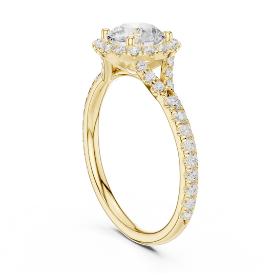 Side profile showing 5.80mm setting height, hidden halo bridge detailing, and ~1.80mm pavé shank in solid 10k solid gold. Ideal engagement ring, promise ring, gold band. Custom choices in 10k/14k gold, 925 silver, platinum with 1ct to 2ct moissanite or lab grown diamond.