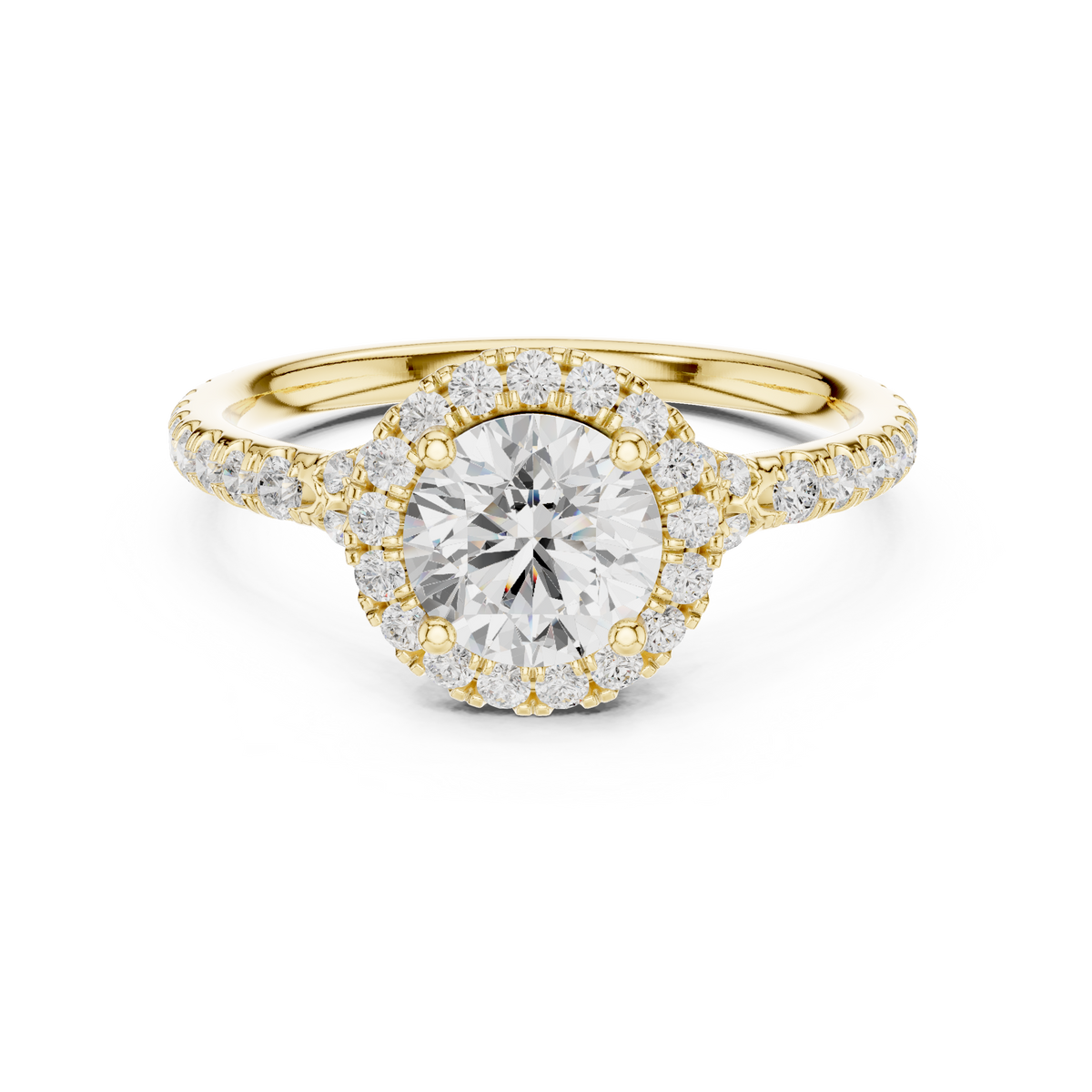 Top-down view of 6.50mm round brilliant lab grown diamond encircled by micro-pavé halo in 14k solid gold. High-volume engagement ring, anniversary gift, wedding band. Custom choices in 10k/14k gold, 925 silver, platinum with 1ct to 2ct moissanite or lab grown diamond.