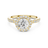 Top-down view of 6.50mm round brilliant lab grown diamond encircled by micro-pavé halo in 14k solid gold. High-volume engagement ring, anniversary gift, wedding band. Custom choices in 10k/14k gold, 925 silver, platinum with 1ct to 2ct moissanite or lab grown diamond.
