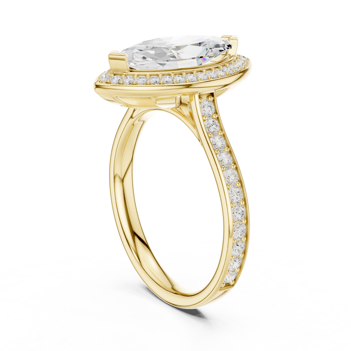 Side profile view showing a 2.50mm pave band and 6.71mm cathedral setting height in 10k solid white gold. Designed as a comfortable wedding band or promise ring, this custom design is available in 10k/14k gold, 925 sterling silver, or platinum with 1ct, 1.5ct, or 2ct moissanite or lab diamond options