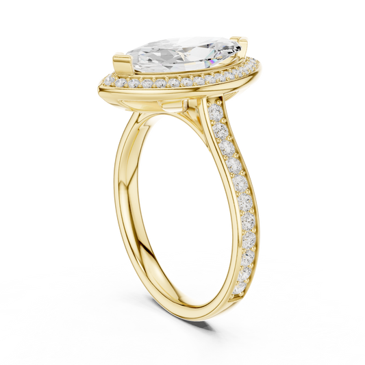 Side profile view showing a 2.50mm pave band and 6.71mm cathedral setting height in 10k solid white gold. Designed as a comfortable wedding band or promise ring, this custom design is available in 10k/14k gold, 925 sterling silver, or platinum with 1ct, 1.5ct, or 2ct moissanite or lab diamond options