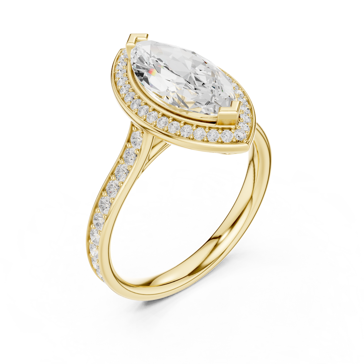 Angled studio render showcasing intense fire and D color VVS1 clarity of a marquise cut moissanite halo in 925 sterling silver. An affordable engagement ring or travel safe ring, customizable in 925 silver, 10k/14k gold, or platinum with 1.00ct to 2.00ct moissanite or lab diamond.