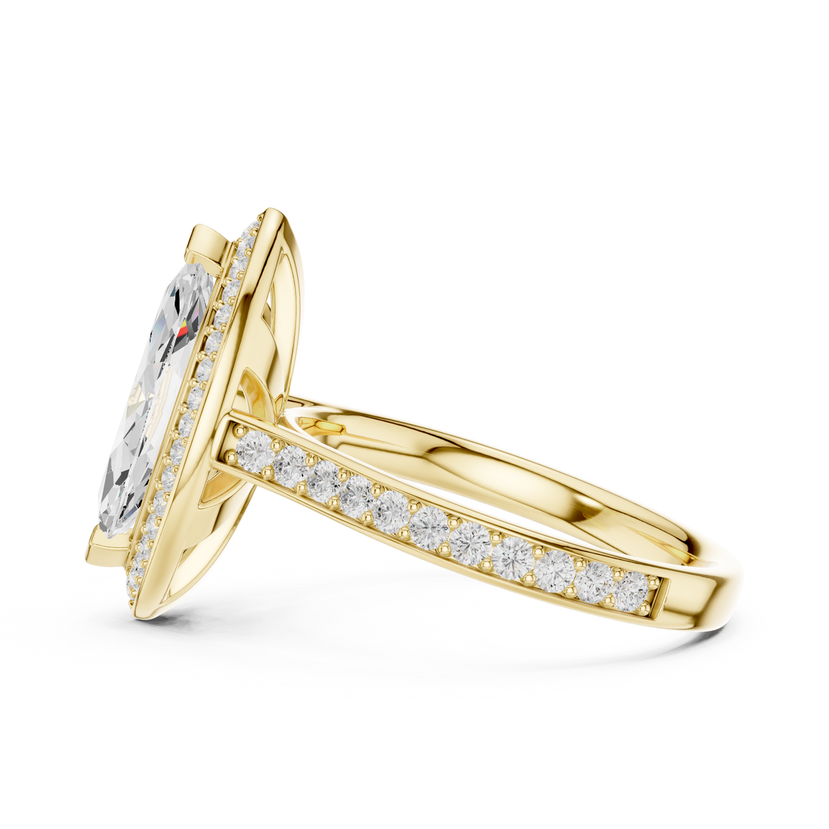 Macro close up view showing facet symmetry and F color VS clarity marquise lab grown diamond with V-prongs in platinum. Ideal for a luxury bridal ring or statement piece, available with customization in platinum, 10k/14k gold, or silver with 1ct to 2ct lab diamond or moissanite.