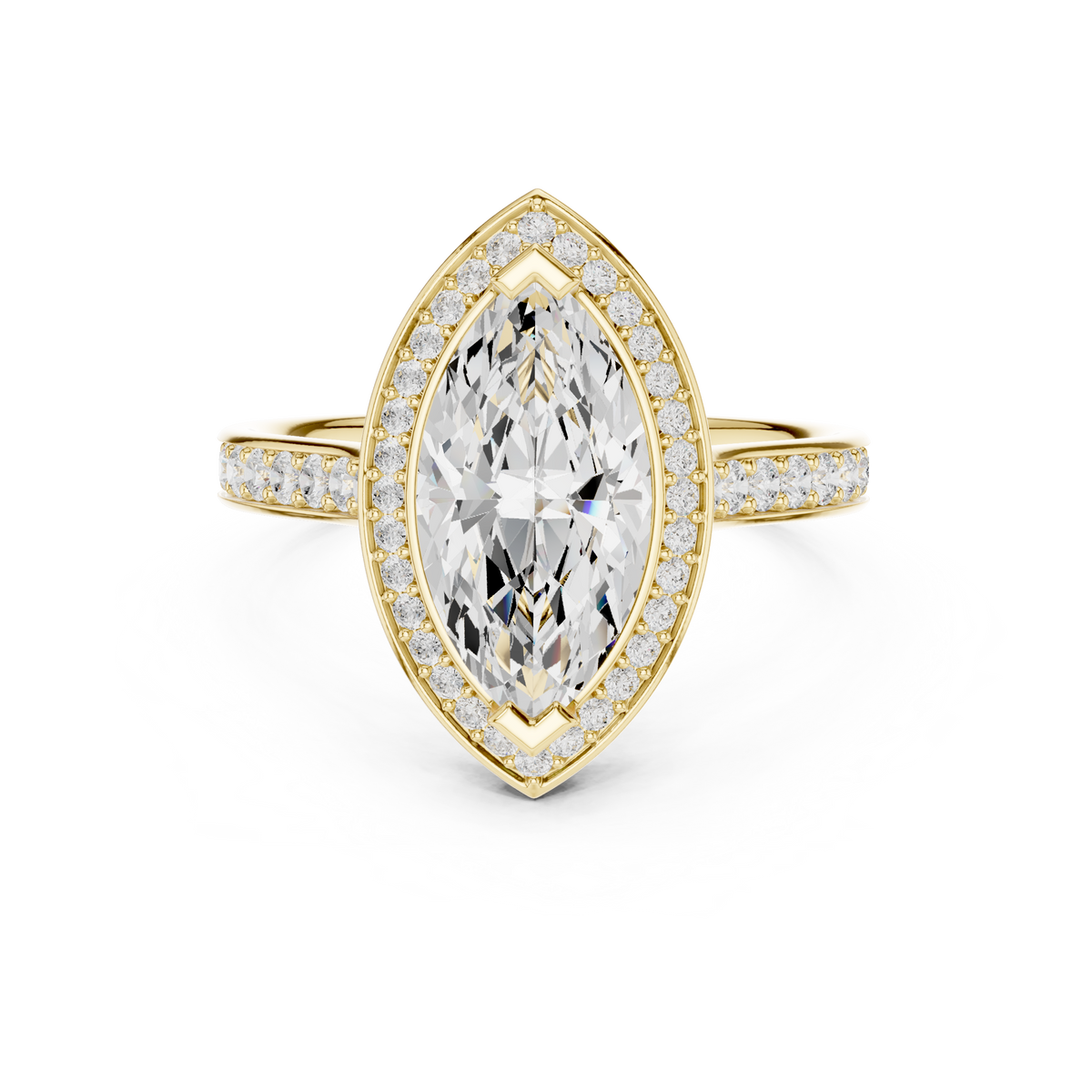 Front view of an elongated marquise cut lab grown diamond halo engagement ring in 14k white gold with a pave band. This cathedral ring is customizable in 10k/14k gold, 925 silver, or platinum with lab grown diamond or moissanite center stones from 1ct to 2ct.
