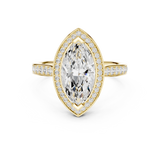 Front view of an elongated marquise cut lab grown diamond halo engagement ring in 14k white gold with a pave band. This cathedral ring is customizable in 10k/14k gold, 925 silver, or platinum with lab grown diamond or moissanite center stones from 1ct to 2ct.