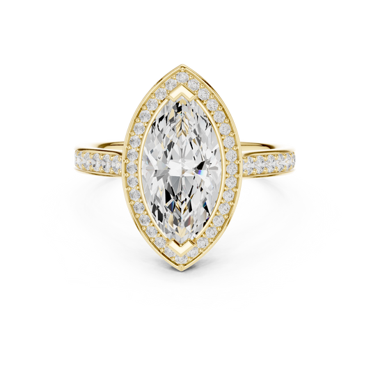 Front view of an elongated marquise cut lab grown diamond halo engagement ring in 14k white gold with a pave band. This cathedral ring is customizable in 10k/14k gold, 925 silver, or platinum with lab grown diamond or moissanite center stones from 1ct to 2ct.