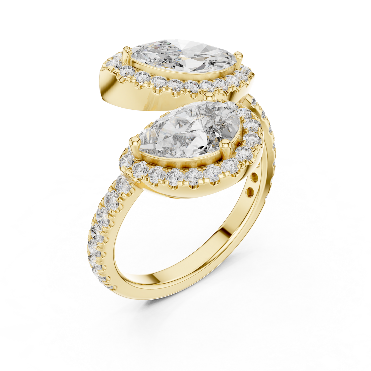 Perspective three-quarter view showing D color VVS1 clarity pear and marquise moissanite with twin halos offering vivid fire in 925 sterling silver. Timeless two-stone engagement band and statement jewelry. Offered in 1.0ct-2.0ct tw moissanite or lab diamond settings across solid 10k/14k gold and platinum.