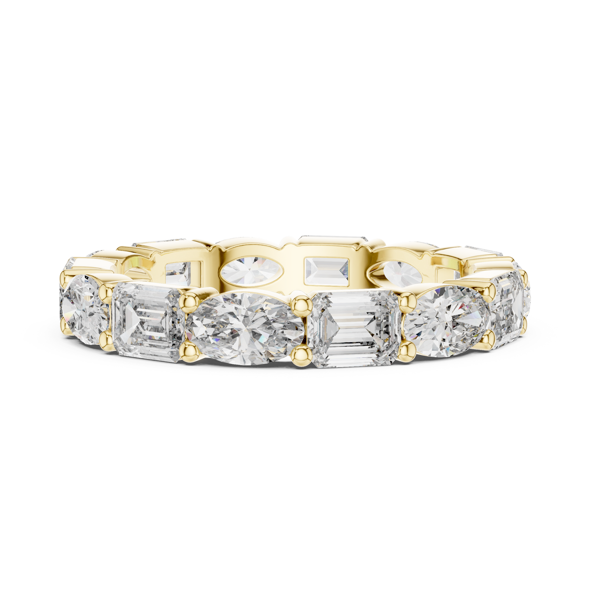 Front direct view of alternating oval and emerald cut lab grown diamond eternity ring held in shared prongs on a 14k gold band. Ideal modern wedding band and personalized anniversary ring. Made to order in 925 silver, 10k or 14k solid gold, platinum, with custom 1ct to 2ct tw mixed lab diamond or moissanite stones.