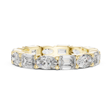 Front direct view of alternating oval and emerald cut lab grown diamond eternity ring held in shared prongs on a 14k gold band. Ideal modern wedding band and personalized anniversary ring. Made to order in 925 silver, 10k or 14k solid gold, platinum, with custom 1ct to 2ct tw mixed lab diamond or moissanite stones.