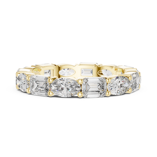 Front direct view of alternating oval and emerald cut lab grown diamond eternity ring held in shared prongs on a 14k gold band. Ideal modern wedding band and personalized anniversary ring. Made to order in 925 silver, 10k or 14k solid gold, platinum, with custom 1ct to 2ct tw mixed lab diamond or moissanite stones.