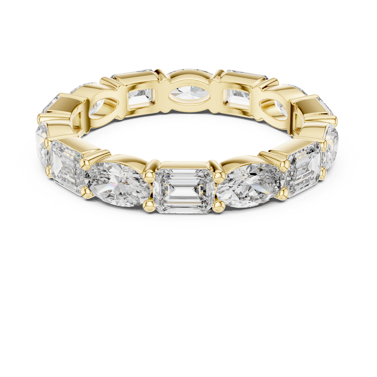 Side elevation displays 3.20mm band width, 2.40mm thickness, and low 2.19mm setting height with open light galleries in 10k solid gold. Perfect custom bridal band and promise ring. Available in 10k/14k gold, silver, and platinum with 1ct to 2ct tw alternating oval and emerald moissanite or lab diamond options.