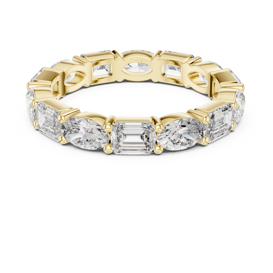 Side elevation displays 3.20mm band width, 2.40mm thickness, and low 2.19mm setting height with open light galleries in 10k solid gold. Perfect custom bridal band and promise ring. Available in 10k/14k gold, silver, and platinum with 1ct to 2ct tw alternating oval and emerald moissanite or lab diamond options.
