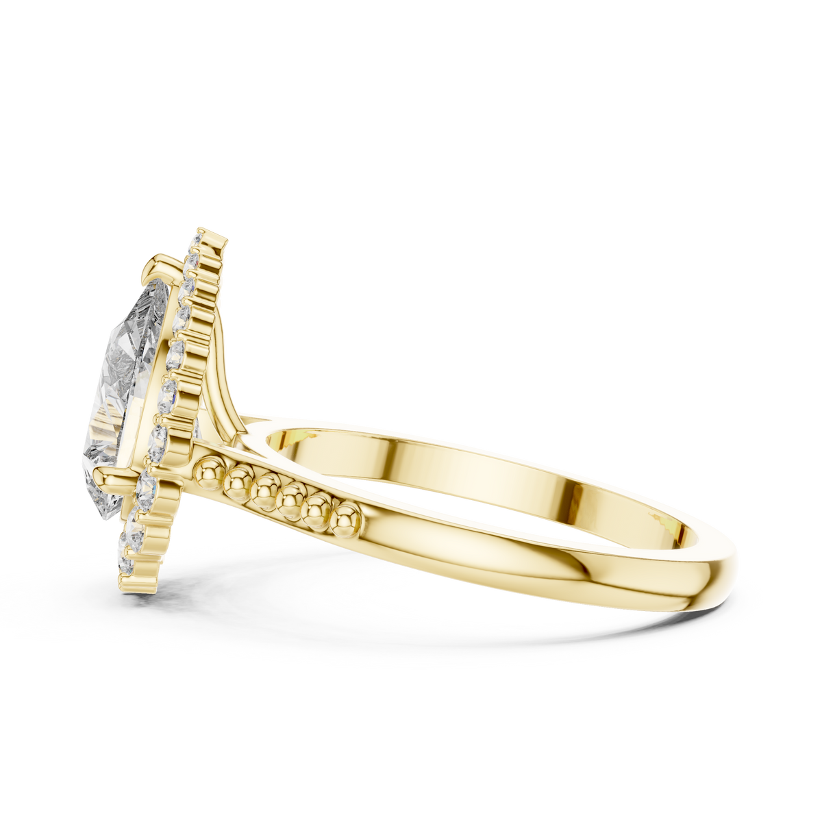 Side elevation shows 2.00mm band width, 1.84mm thickness, and 6.79mm setting height with a cathedral arch and open wire gallery in 10k solid gold. Perfect custom bridal ring and promise band. Available in 10k/14k gold, silver, and platinum with 1ct to 2ct pear moissanite or lab grown diamond options.