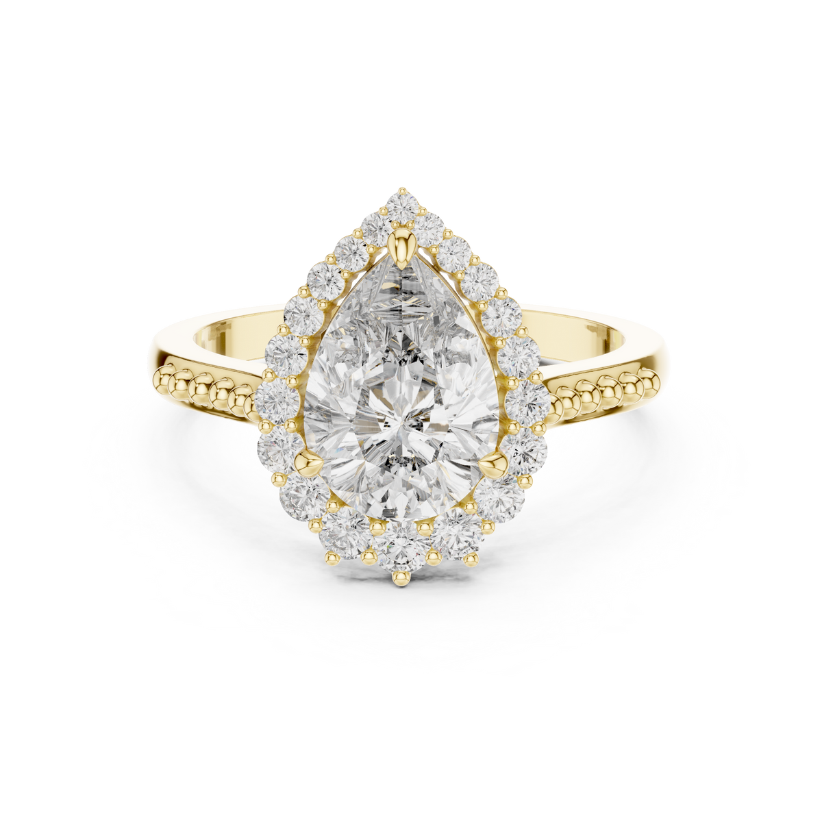 Front direct view of 1.81ct pear cut lab diamond held by three prongs with a V-tip, surrounded by a graduated scalloped halo on a 14k gold pave band. Ideal luxury engagement ring and personalized gift. Made to order in 925 silver, 10k or 14k solid gold, platinum, with custom 1ct to 2ct lab diamond or moissanite center stones.