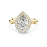 Front direct view of 1.81ct pear cut lab diamond held by three prongs with a V-tip, surrounded by a graduated scalloped halo on a 14k gold pave band. Ideal luxury engagement ring and personalized gift. Made to order in 925 silver, 10k or 14k solid gold, platinum, with custom 1ct to 2ct lab diamond or moissanite center stones.