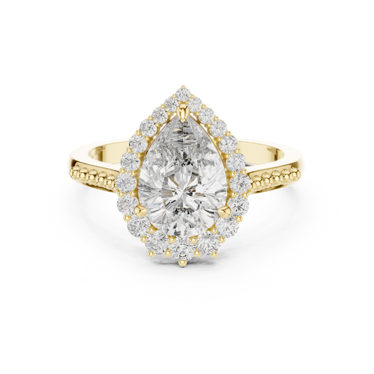 Front direct view of 1.81ct pear cut lab diamond held by three prongs with a V-tip, surrounded by a graduated scalloped halo on a 14k gold pave band. Ideal luxury engagement ring and personalized gift. Made to order in 925 silver, 10k or 14k solid gold, platinum, with custom 1ct to 2ct lab diamond or moissanite center stones.