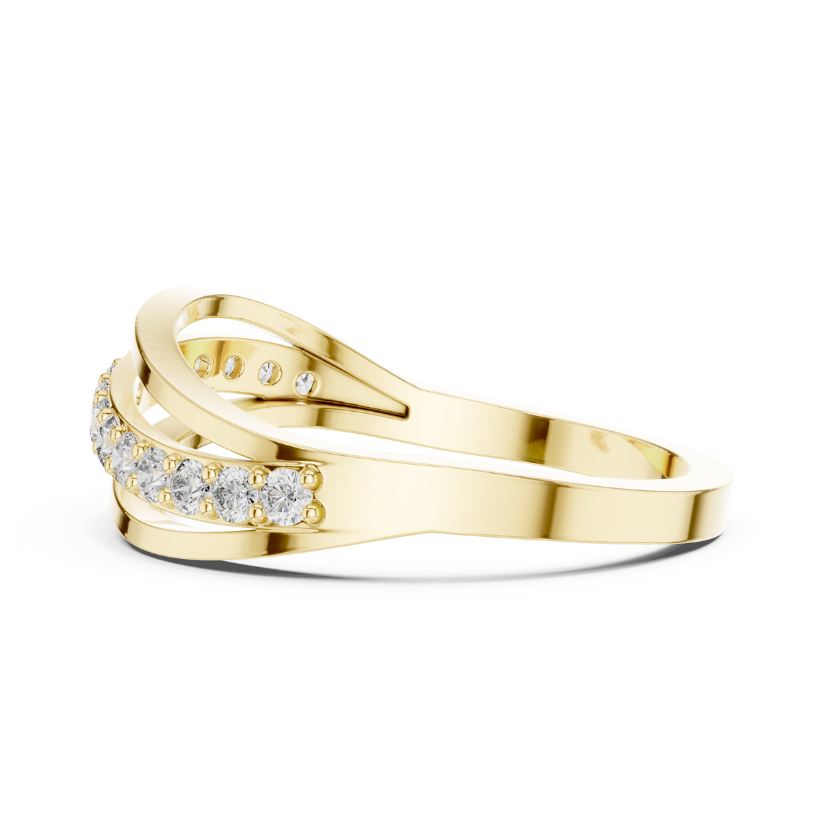 Macro close-up capturing undulating wave curves, precision prongs, and F color VS clarity round lab diamonds mounted in platinum. An exquisite bespoke heirloom and wedding ring. Fully customized in moissanite or lab grown diamond across solid 10k/14k gold, silver, and platinum.