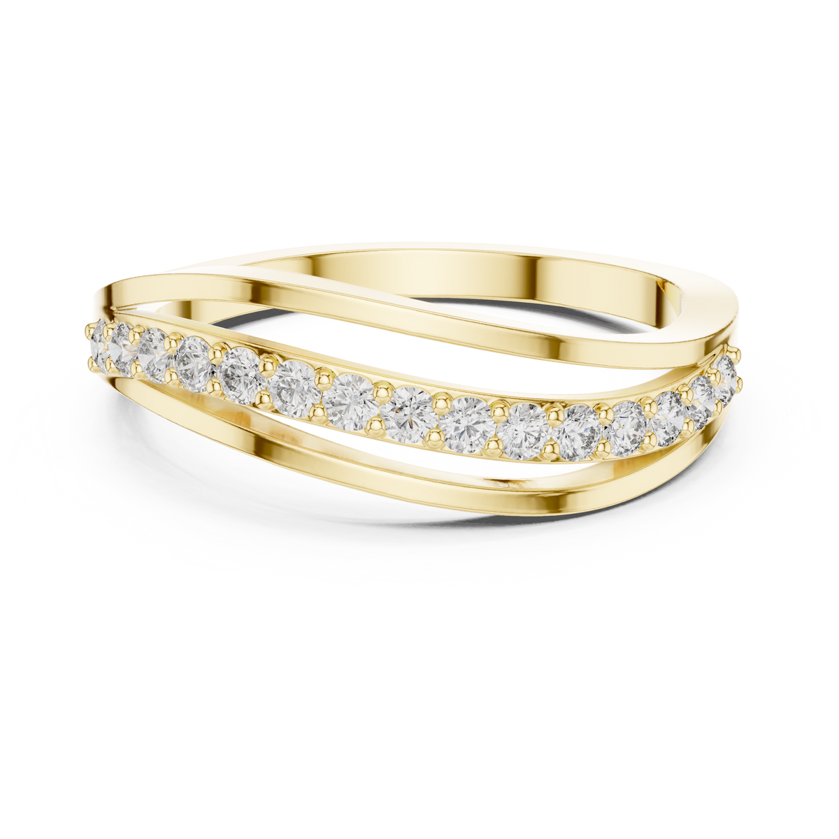 Front direct view of 15 round brilliant lab diamonds prong-set on a central ribbon between triple bypass wave arms in 14k gold. Ideal modern wedding band and personalized gift. Made to order in 925 silver, 10k or 14k solid gold, platinum, with custom round lab diamond or moissanite accent stones.