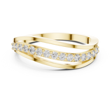 Front direct view of 15 round brilliant lab diamonds prong-set on a central ribbon between triple bypass wave arms in 14k gold. Ideal modern wedding band and personalized gift. Made to order in 925 silver, 10k or 14k solid gold, platinum, with custom round lab diamond or moissanite accent stones.