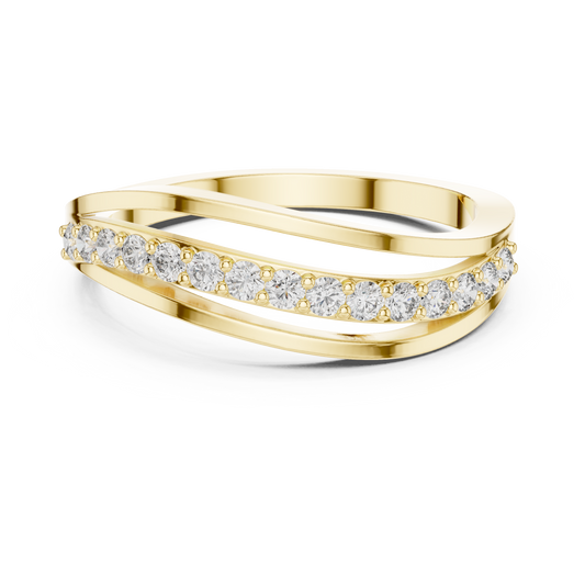 Front direct view of 15 round brilliant lab diamonds prong-set on a central ribbon between triple bypass wave arms in 14k gold. Ideal modern wedding band and personalized gift. Made to order in 925 silver, 10k or 14k solid gold, platinum, with custom round lab diamond or moissanite accent stones.