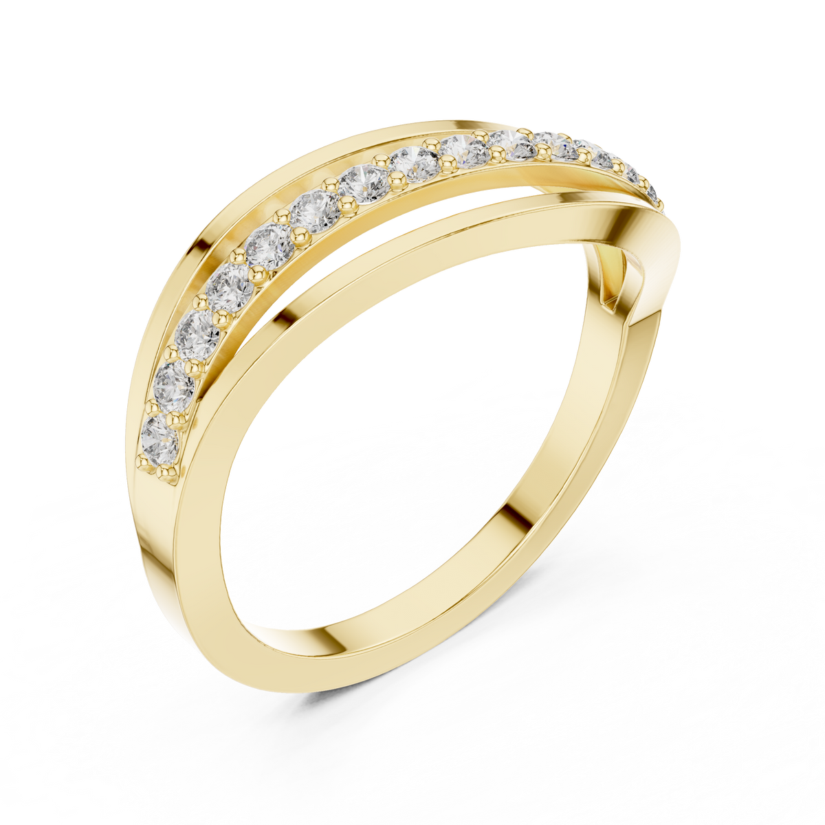 Perspective three-quarter view showing D color VVS1 clarity round moissanite stones along a curving split bypass wave in 925 sterling silver. Timeless fluid stacking band and statement jewelry. Offered in custom moissanite or lab diamond settings across solid 10k/14k gold and platinum.