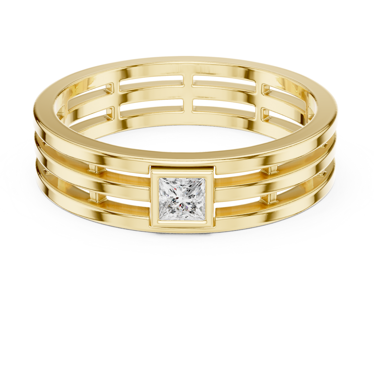 Front view showcasing a bezel set princess cut stone centered on a wide multi-rail 14k gold band. Custom made in 925 silver, 10k gold, or platinum options. Modern statement ring or wedding band featuring customizable moissanite or lab grown diamond centers.