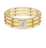 Front view showcasing a bezel set princess cut stone centered on a wide multi-rail 14k gold band. Custom made in 925 silver, 10k gold, or platinum options. Modern statement ring or wedding band featuring customizable moissanite or lab grown diamond centers.